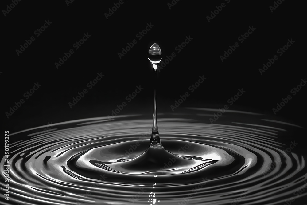 Poster a single drop of water creating ripples in a calm pool reflecting light and texture in nature's sere
