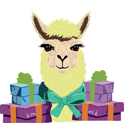 Birthday alpaca delivering presents with a ribbon on its neck