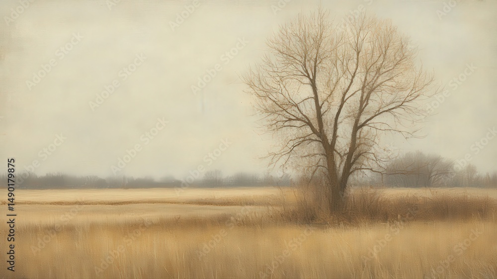 Aufkleber Wide Open Plain with a Single Bare Tree Under a Muted Sky
