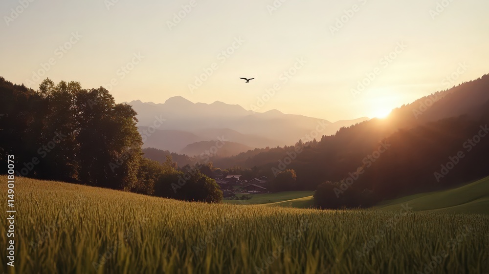 Poster wide view of flat landscape with centered single tree and sunset in mountainous background