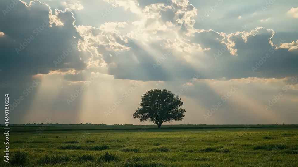 Poster Wide View of Flat Landscape with Centered Single Tree Under a Dramatic Sky Illuminated by Sunrays