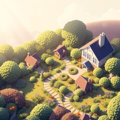 Sunny garden with pathway and cottages surrounded by trees and flowers