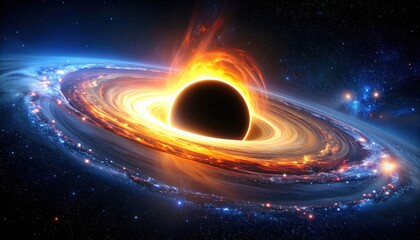 Black Hole Accretion Disk: A mesmerizing cosmic spectacle depicting a supermassive black hole with its incandescent accretion disk. The swirling gases and celestial bodies create a dramatic visual.