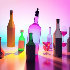 Colorful Bottles and Glasses on Reflective Surface in Soft Light