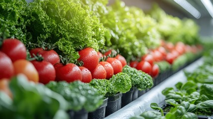 Fresh produce display featuring vibrant tomatoes and leafy greens in a well-lit grocery setting