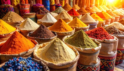 Fototapeta premium Spice Market of Colors and Flavors: A vibrant tapestry of textures and hues unfolds in a bustling spice market. The scene is a feast for the senses, with mountains of aromatic spices.