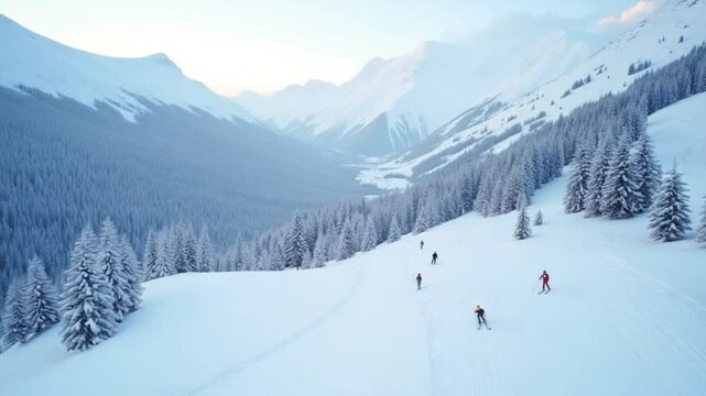Winter drone shot of ski pistes and slopes covered with fresh powder snow in Tignes in Valdisere France