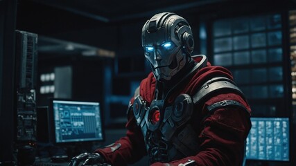 Futuristic Robot Wearing Red Garments Works at Computer Station