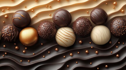 Delectable assortment of chocolate confections on smooth chocolate surface