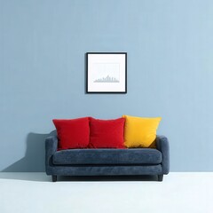Romantic watercolor cityscape framed above sofa, natural light and shadow