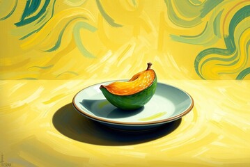 Mango slice on a porcelain plate with yellow surface and artistic
