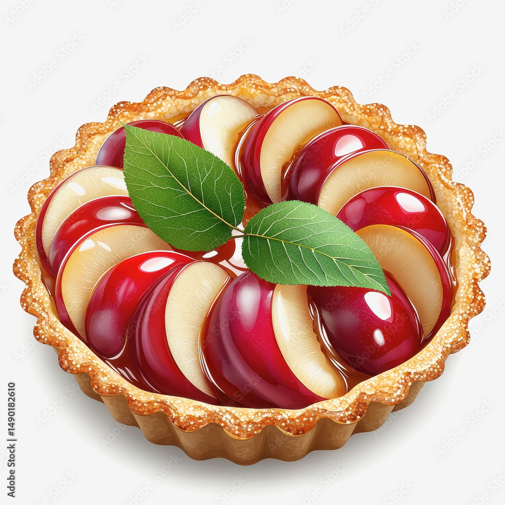Poster rustic homemade pie with a golden crust and a fresh leaf on top captured in a beautiful flat-lay arr