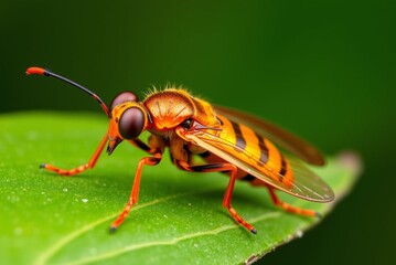 Orange insect on green leaf macro photo closeup orange insect closeup