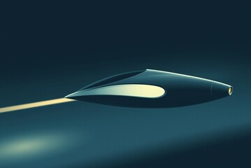 Futuristic streamlined spaceship in flight with glowing light trail on dark