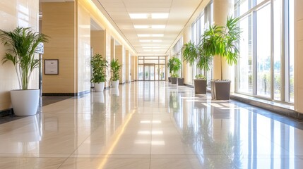 Obraz premium Modern office hallway with plants, sunlight, and reflective floor; ideal for corporate websites