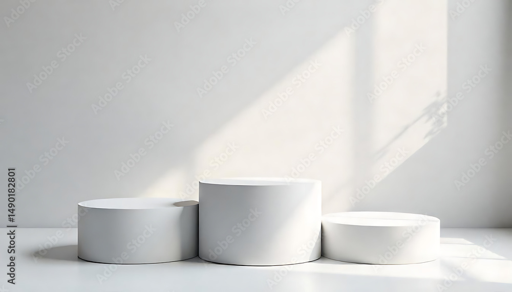 Poster three white cylinders serve as platforms in a well-lit space, ideal for displaying products or conce