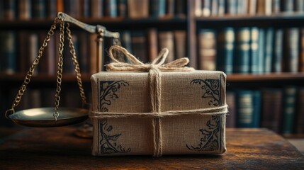 Antique scales and a tied gift box in a library setting.