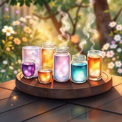 Magical colorful steaming drinks on wooden board on table with flowers