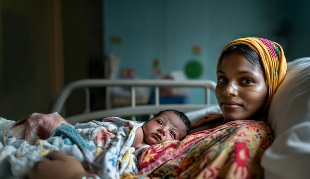 New Mother Holding Her Newborn Baby in a Hospital After Childbirth.Generated image