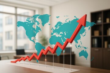 Global Growth Upward Trend Business Success Financial Increase Marketing Strategy Development International Expansion Economic Progress World Map Red Arrow Chart Data Visualization Modern Office      