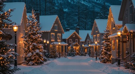Snowy village street at night