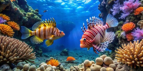 Fototapeta premium Vibrant Reef Scene Featuring Two Striking Lionfish Amidst a Lush Coral Garden
