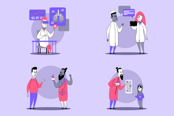 Collection of different healthcare scenarios. Doctor, patients discussing health, and interactions among healthcare workers