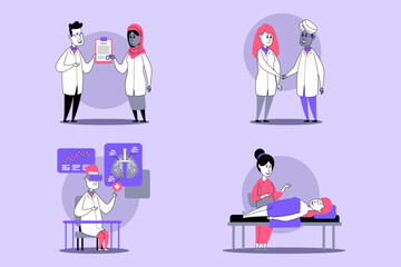 Healthcare professionals engaged in various activities, including consultations and medical examinations. Teamwork and care concept