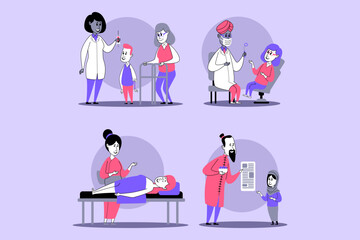 Healthcare workers engaged with patients of various ages and backgrounds. Doctor conducting check-up, while nurse providing care to child and adult