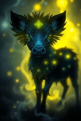 Mystical blue fox with glowing yellow lights and a magical symbol