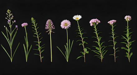 Different parts of plants , flowers on black background