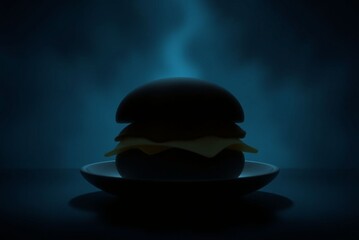 Cheeseburger silhouette in dark smoke ambiance iconic food item on white