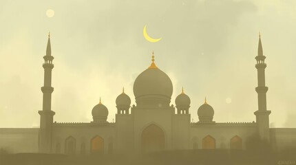Obraz premium Artistic rendering portrays a grand mosque beneath a soft, crescent moon in hazy, neutral tones.