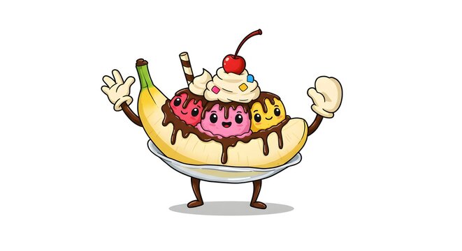Cartoon banana split with ice cream and cherry on top with arms and legs on white