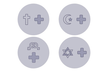 Set of iconic healthcare symbols representing various religions and beliefs. Inclusivity in medical settings concept