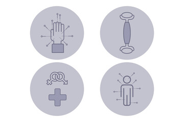 Set of four line icons with various healthcare concepts. Hand, jade roller, medical symbol, and human figure, showcasing health and wellness themes