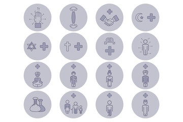 Collection of line icons representing various healthcare themes, including medical symbols, diverse cultural elements, and universal health symbols, arranged in grid pattern