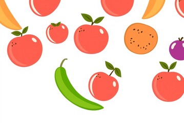 Assorted cartoon fruits and vegetables in vibrant colors