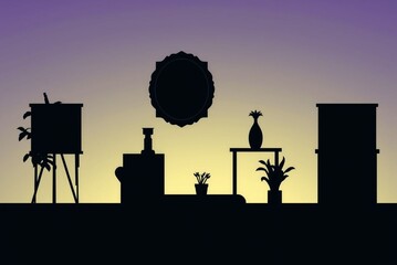 Living Room Interior Silhouette with Plants and Furniture at Sunset