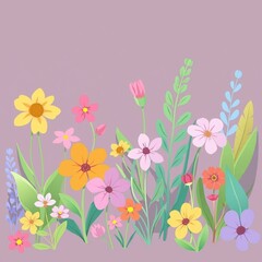 Spring flowers illustration with colorful petals and green leaves on a