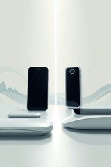 Minimalist modern smartphones with smooth white cases and black screens futuristic