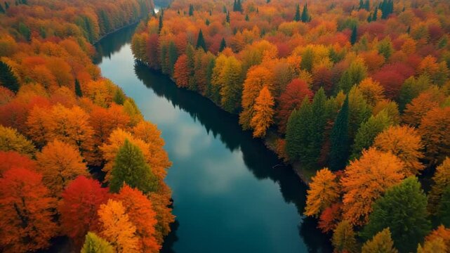 Aerial view of autumn landscape. Aerial view of colorful autumn forest with river