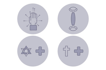 Icons of various healthcare themes including medical technologies, symbols of spirituality, fitness tools, and wellness practices. Diverse healthcare aspects