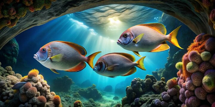 Oceanic Troika Sunbeams Illuminate a Thriving Reef Ecosystem Featuring Three Vibrant Fish