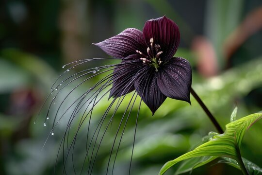 A close-up of a blooming bat flower (Tacca chantrieri), showcasing its dark, velvety petals shaped like bat wings 