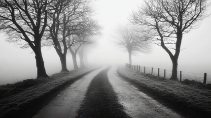 Woodland Path Lost In Mist With Silhouettes Of Trees Along A Serene Countryside Roadway