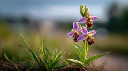 A close-up of a blooming bee orchid (Ophrys apifera), highlighting its remarkable flower that mimics the shape