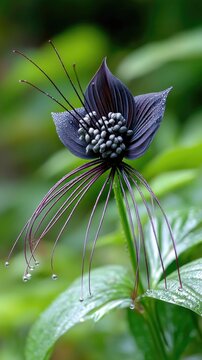 A close-up of a blooming bat flower (Tacca chantrieri), showcasing its dark, velvety petals shaped like bat wings 