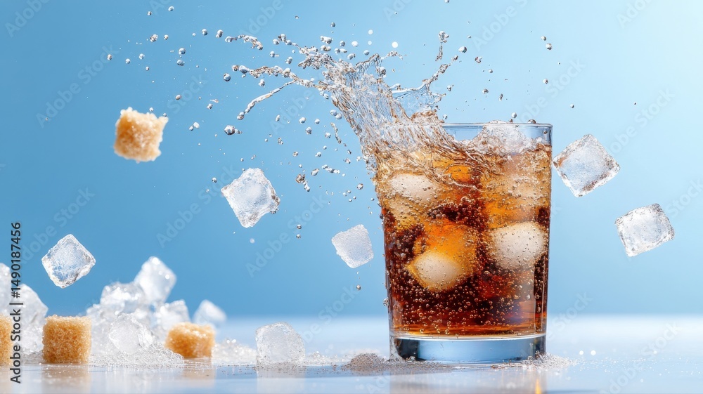 Poster dynamic splash of cola drink with ice and falling sugar cubes drink cola splash ice sugar dynamic