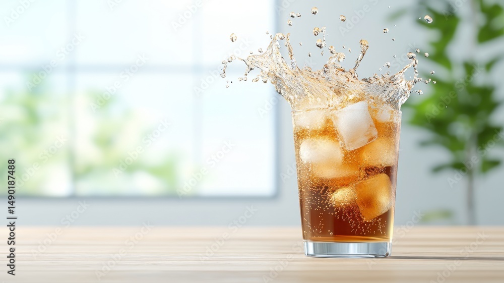 Poster dynamic splash of refreshing iced cola drink with ice cubes drink cola ice splash refreshing cubes